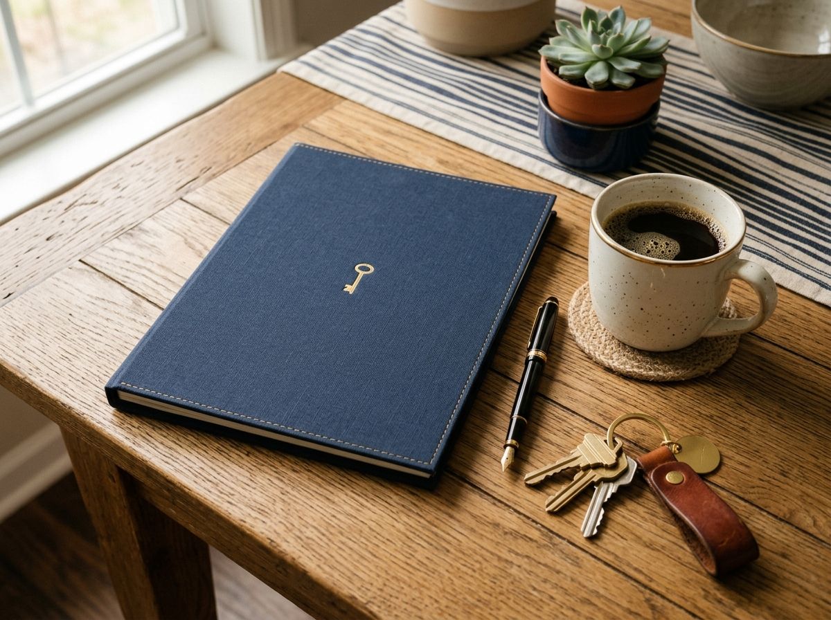House keys, a navy folder and coffee on a kitchen table